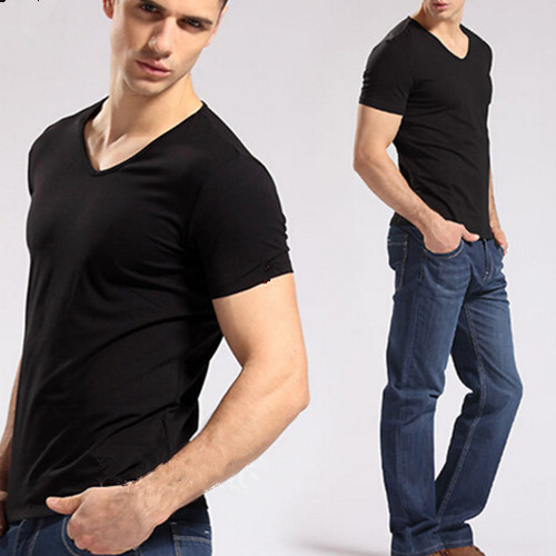 Wholesale promotional black color cotton v-neck t-shirt