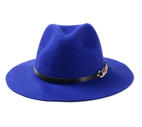 Wholesale fashion blue color wool felt bowler cap and hat with strap