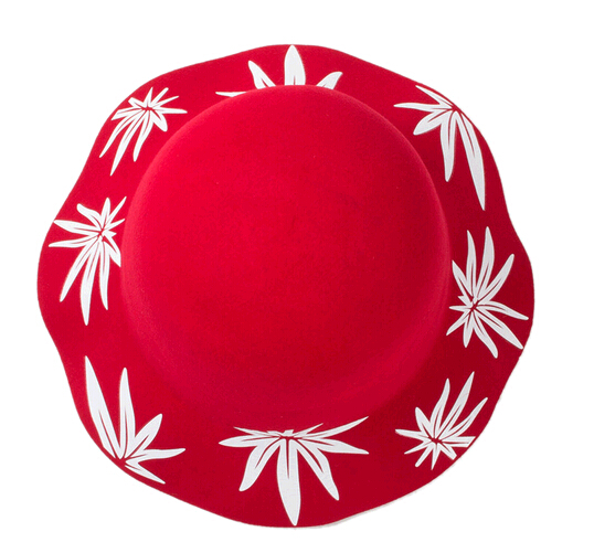 Wholesale red color wool felt wave brim cap and hat with flower printing