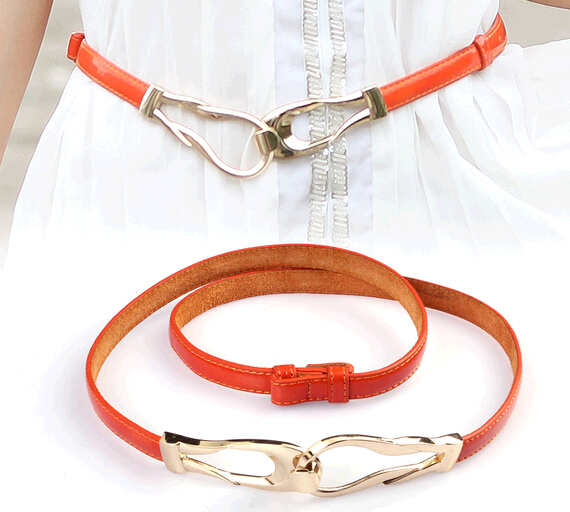 Wholesale orange color genuine leather woman belts with Interlocks buckle