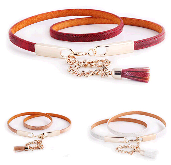 Wholesale snake stripe genuine leather woman belts with metal buckle and chain