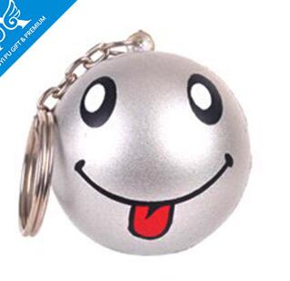 Wholesale silver round ball smile printing  pu stress ball keychain