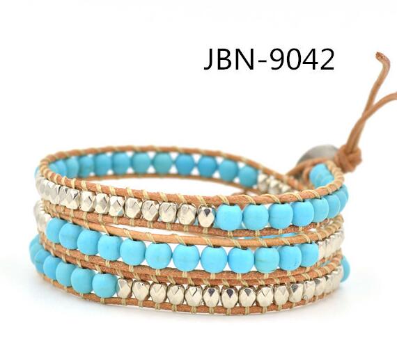 Wholesale turquoise and plating silver crystal 3 wrap leather bracelet