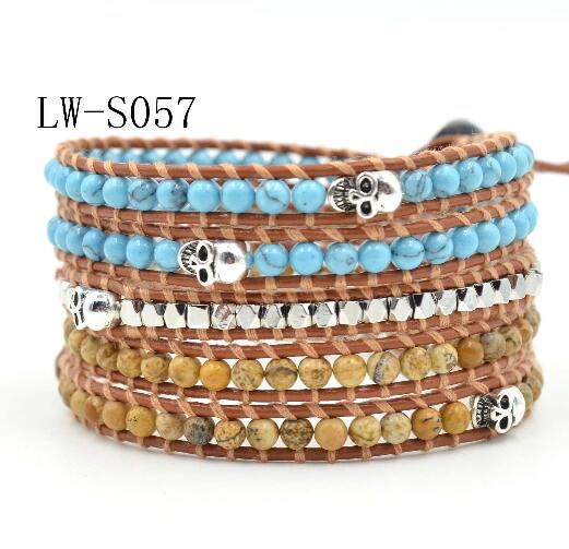 Wholesale turquoise and gemstone 5 wrap leather bracelet on brown leather