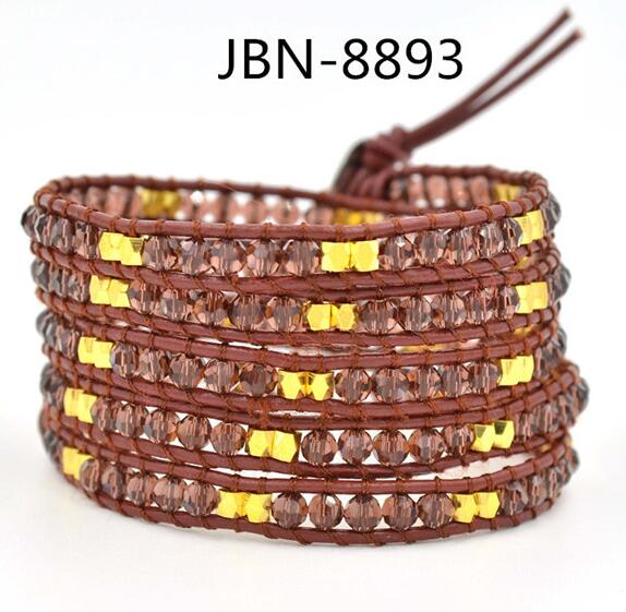 Wholesale brown crystal  5 wrap leather bracelet on brown leather
