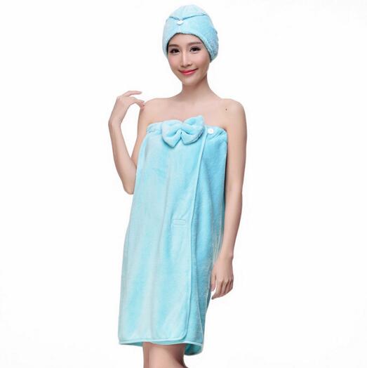 Good quality blue color coral fleece woman bathrobe skirt with hood for beach or swimming