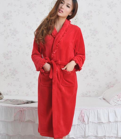 Good quality red color coral fleece luxury bathrobe for woman