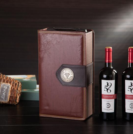 Notebook shape brown color pu wine box for 2 bottle