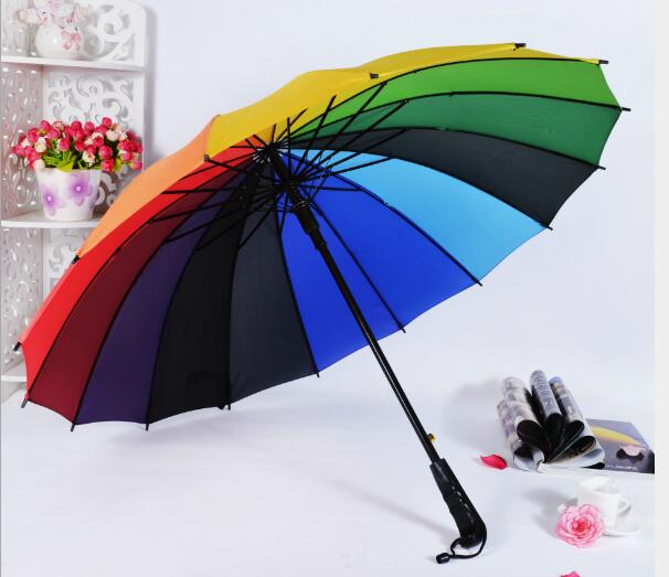 Rainbow color 16 ribs straight big size umbrella for double pepole