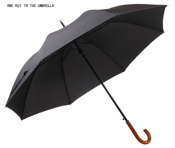 Promotional oem logo black color straight umbrella with j wooden hook