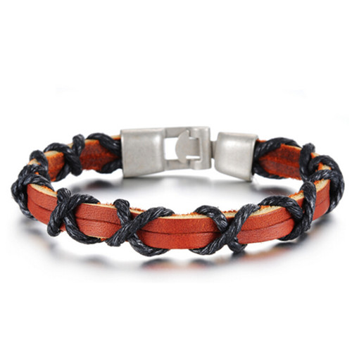 Fashional brown color leather stainless steel bracelet