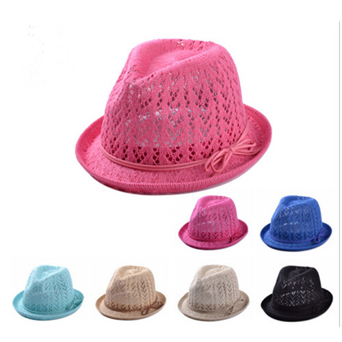 hollow out pure color leather rope and bowknot jazz cap summer straw hat
