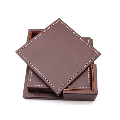 Brown color genuine leather cup drink coaster set with holder