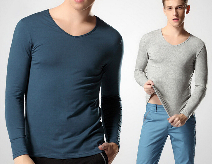 Strech spandex cotton blue color or grey color men v-neck shirt