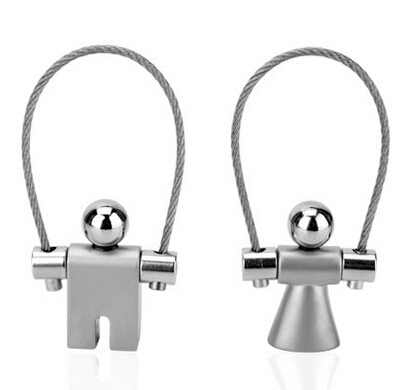 Zinc alloy boy and girl skipping rope metal keychain, man and woman wire rope keychain