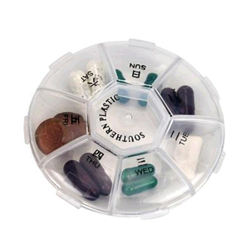 Promotional transparent color round shape plastic weekly pill box
