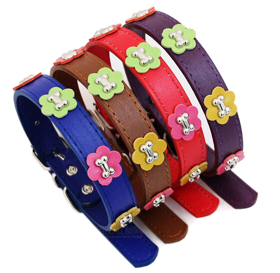 Adjustable leather pet collar with flower, leather dog collar with flower