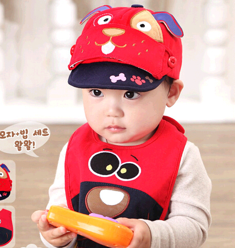 2015 new style funny cartoon baby caps and baby bibs set