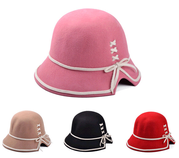 With bowknot strip wool felt bowler hat and cap for woman