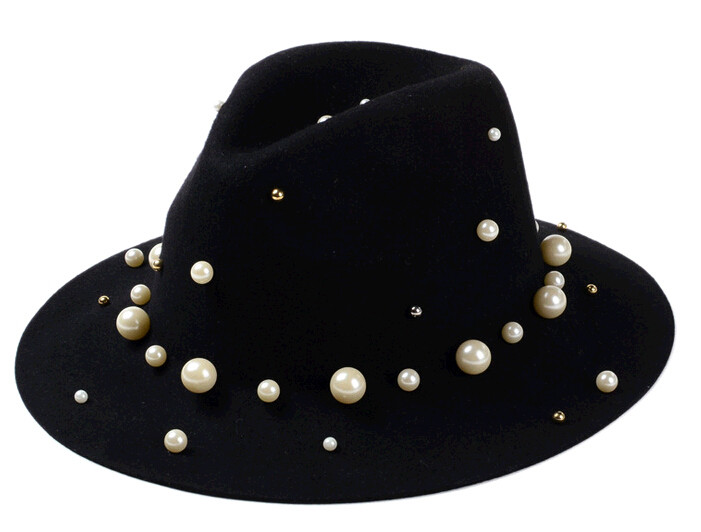 Wholesale black wool felt cap and hat with pearl decoration