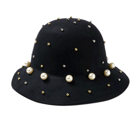 Wholesale with pearl decoration wool felt cap and hat
