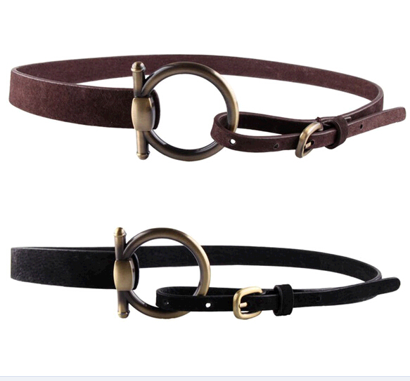 Vintage style genuine leather thin belts with round buckle for woman