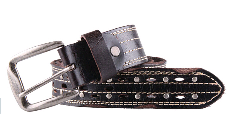 Fashion black color cow leather men belts with rivets and pin buckle