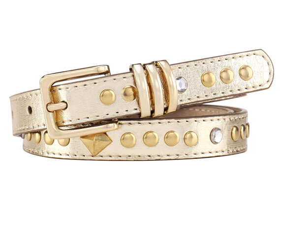 Silver color double buckle woman studded belt with rivets