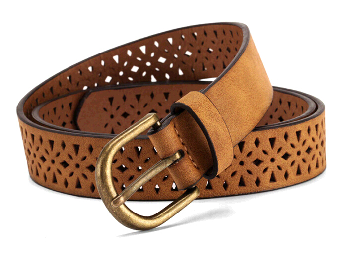 Wholesale brown woman hollow out pattern pu belts with pin buckle