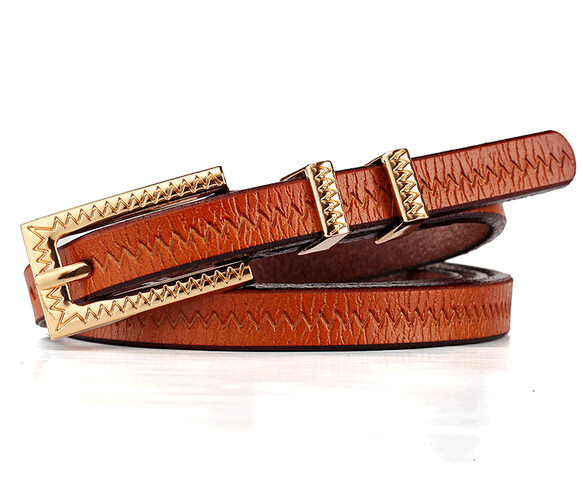 Wholesale brown color genuine leather belts with wave stripe and pin buckle