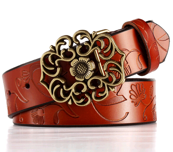Vintage woman genuine leather brown color belts with emboss flower and flower buckle
