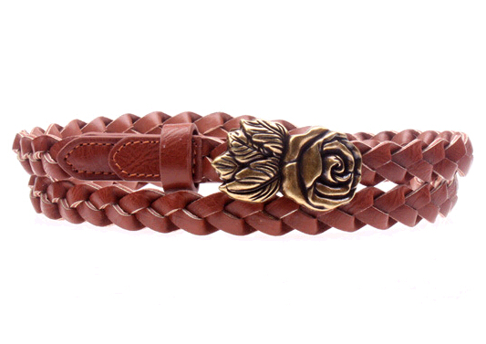 Wholesale woven pu woman belts with rose buckle