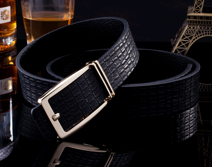 Wholesale high quality black color cow leather men belts with pin buckle