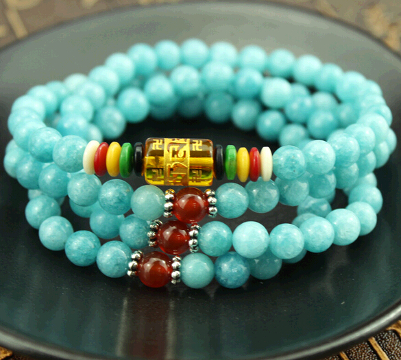 Wholesale natural crystal  7 colour chalcedony six words 108 Buddha multilayer bracelet