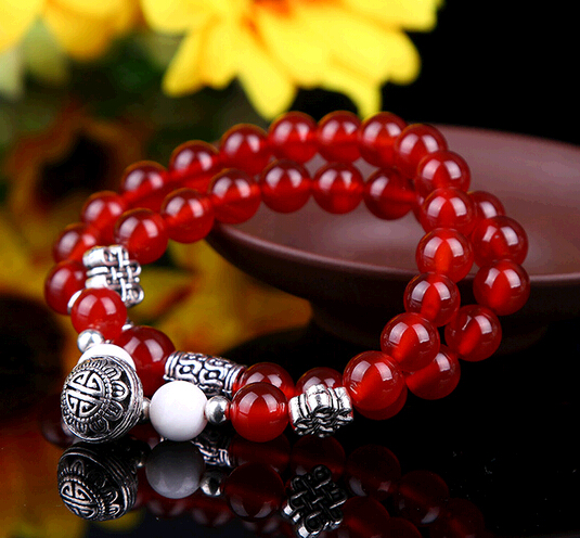 Red color natural agate bracelet with tibetan silver bell pendant