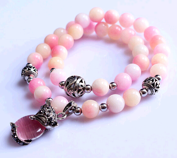 Fashional two circle pink color choi chalcedony bracelet with cat eye pendant for woman