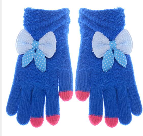 Wholesale custom logo blue color with bowknot knitted touch screen warm glove for ipad or iphone