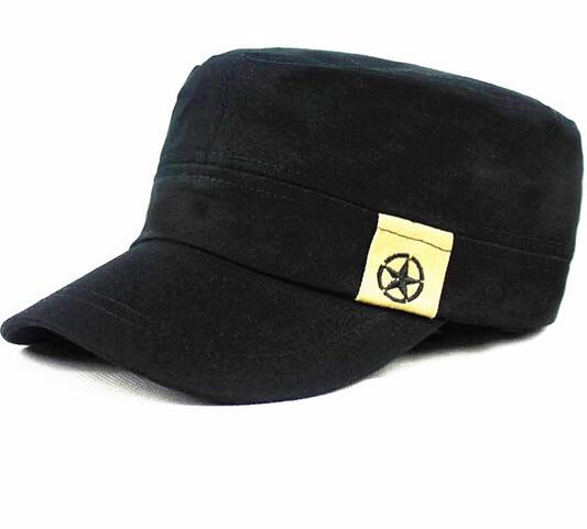 Wholesale fashion with star logo black color flat hat, flat cap
