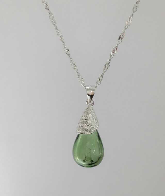 Wholesale green color water drop shape essencial oil bottle 925 silver necklace