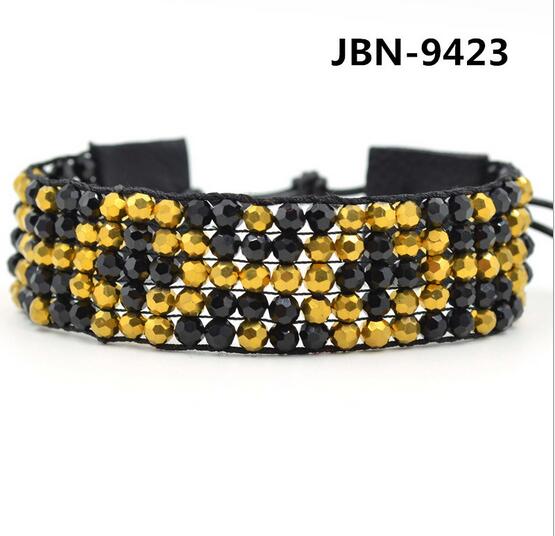 Wholesale 4mm yellow crystal one layer leather wrap bracelet