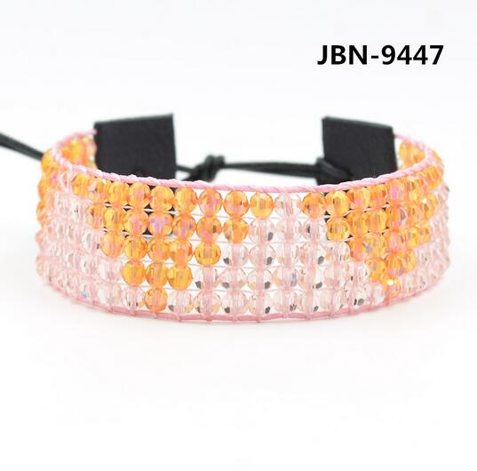 Wholesale orange and pink color 4mm crystal leather wrap bracelet
