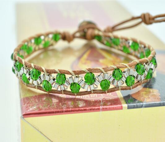 Wholesale green bead leather wrap bracelet