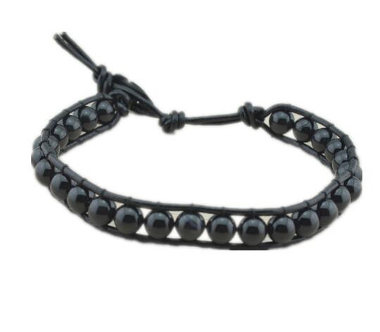 Wholesale 6mm black agate leather wrap bracelet