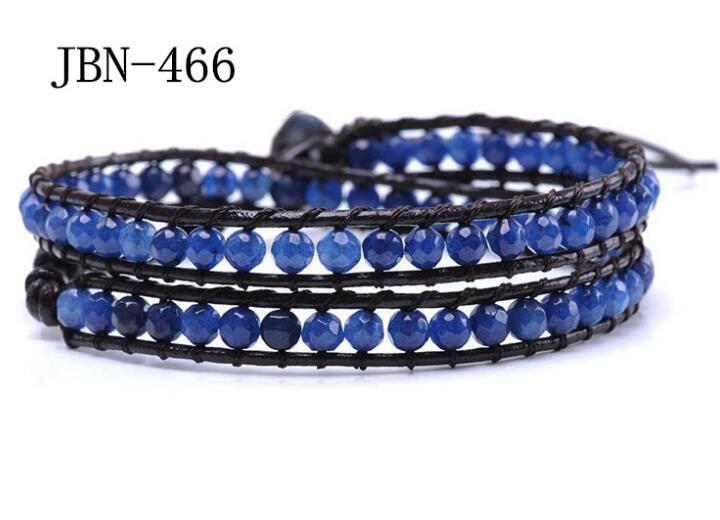 Wholesale blue bead 2 wrap leather bracelet