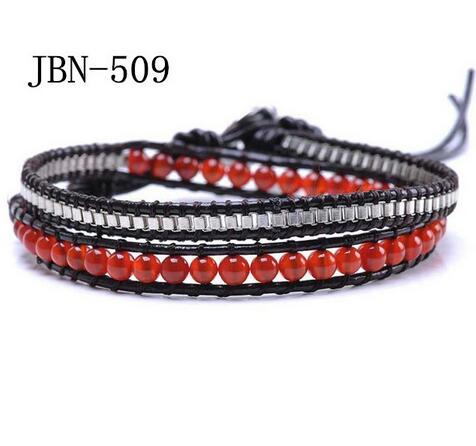 Wholesale red stone and silver bead wrap leather bracelet