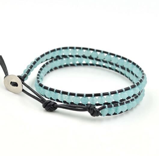 Wholesale light blue stone wrap leather bracelet