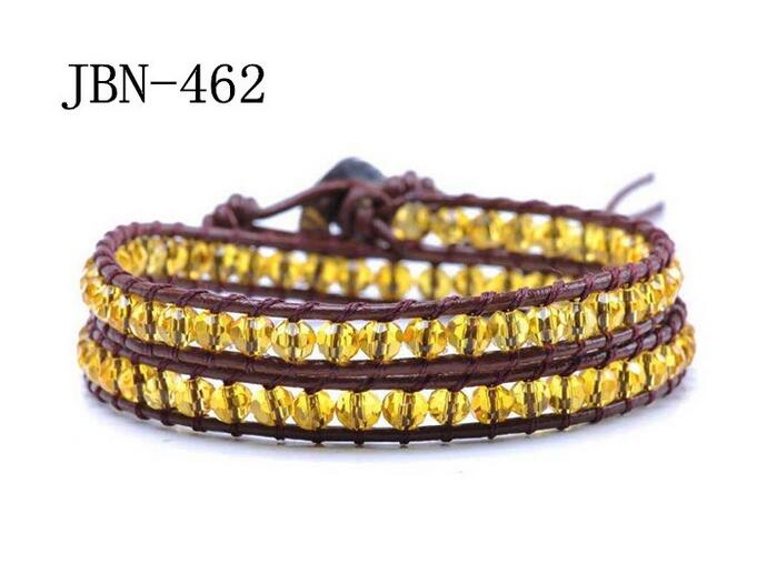 Wholesale yellow color crystal leather wrap bracelet on brown leather