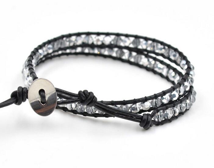 Wholesale white color crystal leather wrap bracelet on black leather