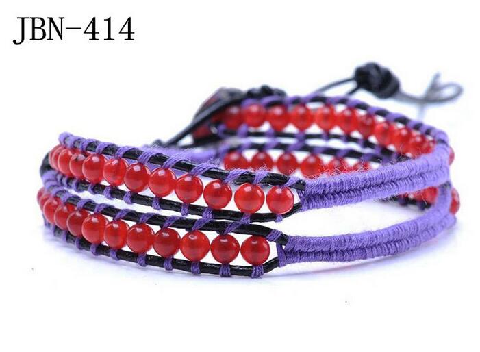 Wholesale red color stone leather wrap bracelet on black leather