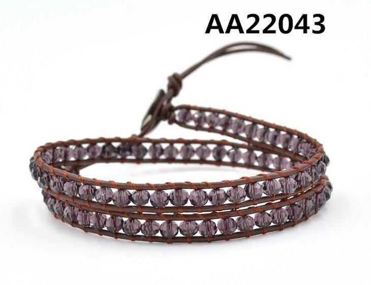 Wholesale purple color crystal leather wrap bracelet